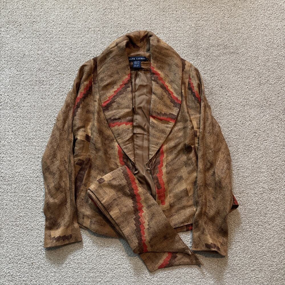 Vintage 90s Ralph Lauren Navajo 100% Linen Blazer Jacket Made In USA With Belt